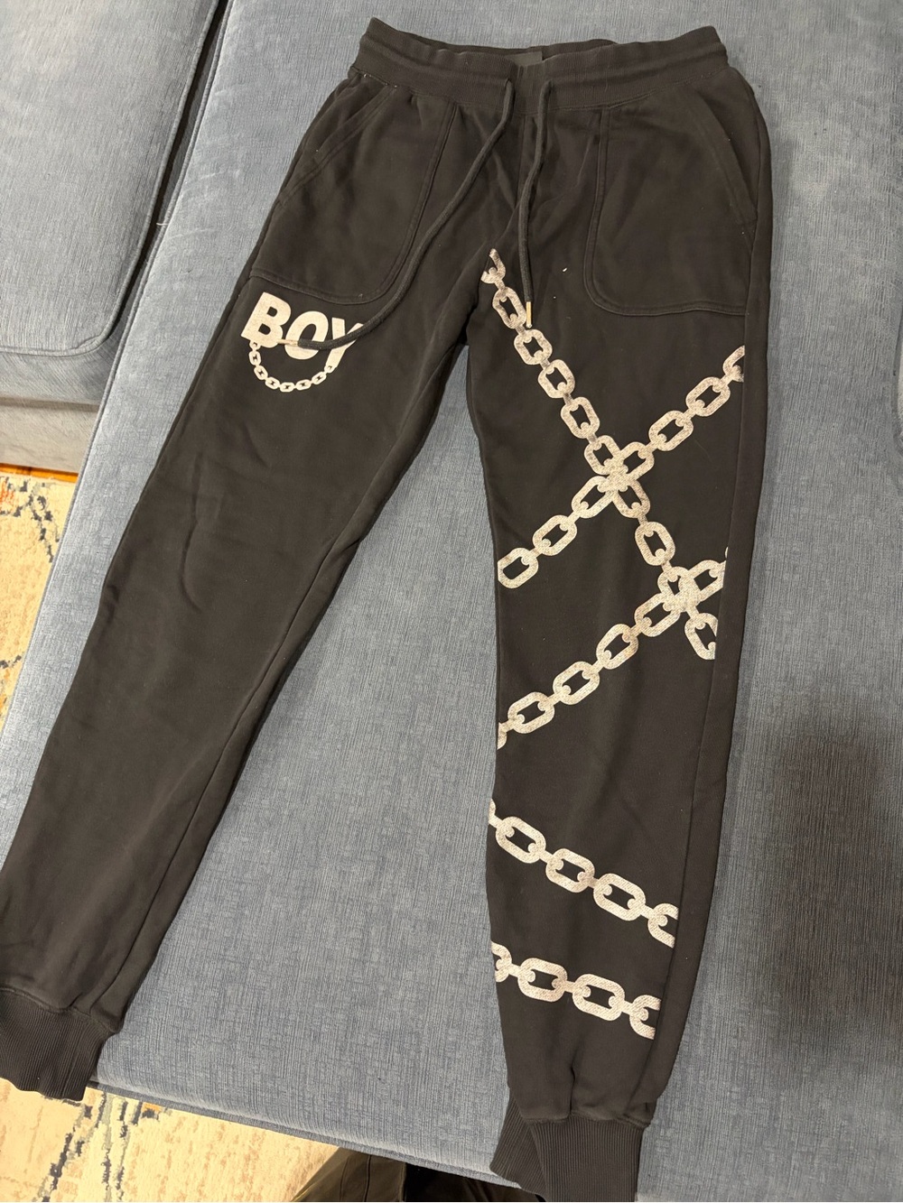 Black Jogger Pants with White Chain Print